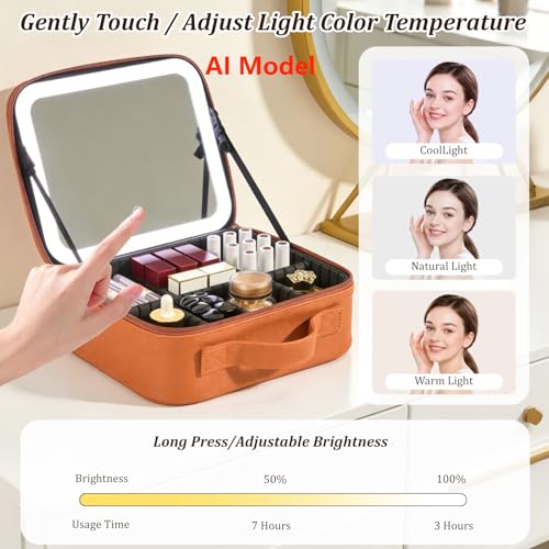 Travel Makeup Bag with Mirror & 6 Adjustable EVA Dividers (Camel---6 Dividers)