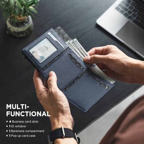 Pop up Card Wallet Minimalist Cash Wallets RFID Blocking Leather Smart Credit Card Holder with ID window for Men (Top-Grain Cowhide Litchi Navy)