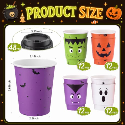 48 Sets 8 oz Halloween Disposable Coffee Cups with Lids and Sleeves (Monster)