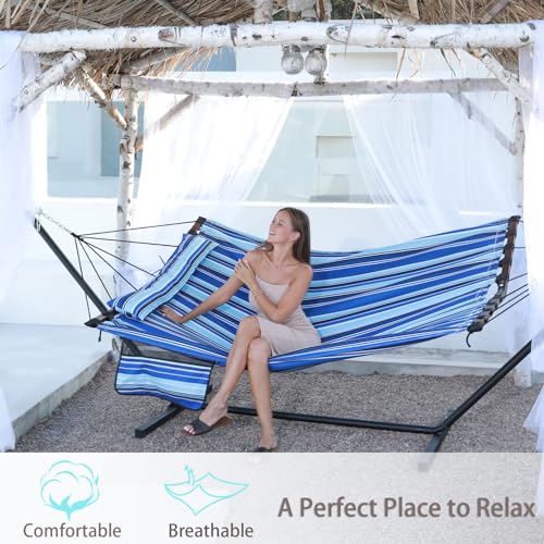 12FT 2 Person Hammock with V Shaped Spreader Bar (Blue Stripes)