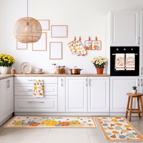 12 Pcs Fall Pumpkin Kitchen Decor Set 6 Towels 2 Kitchen Rugs (Multicolor / Multicolored Pumpkin)