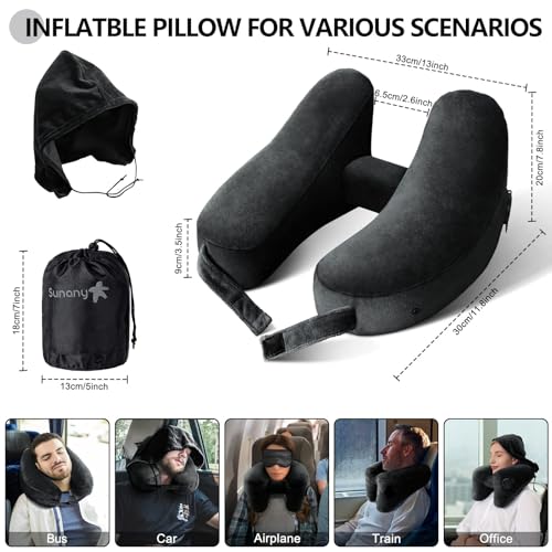 Neck Pillow for Travel Inflatable Airplane Pillow Comfortably Supports Head (Dark Black)