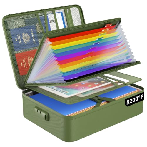 Fireproof File Organizer Bag with 13 Pockets Accordion File Folder (Green / 15.1" x 11.2" x 4.3",Colorful)