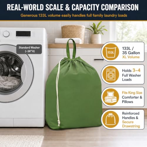 Canvas Laundry Bags with Handles & Rectangular Base (Army Green XL | Rectangular Base / 19.6"Wx15"Depthx27.6"H)