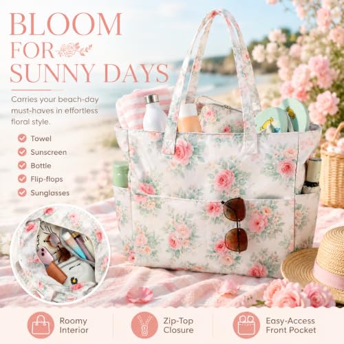 Beach Bags for Women (Pink Peony Floral Beige)