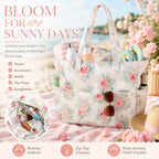 Beach Bags for Women (Pink Peony Floral Beige)