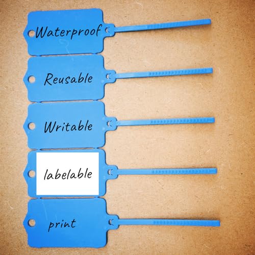 100pcs Reusable Blank Plastic Tags Ties Key Tags 1.45"*2.48" Serrated Tension Sealing Strap with Large Label Plastic Tie Mark Label Waterproof Hang Sign Write on Tag (Blue)