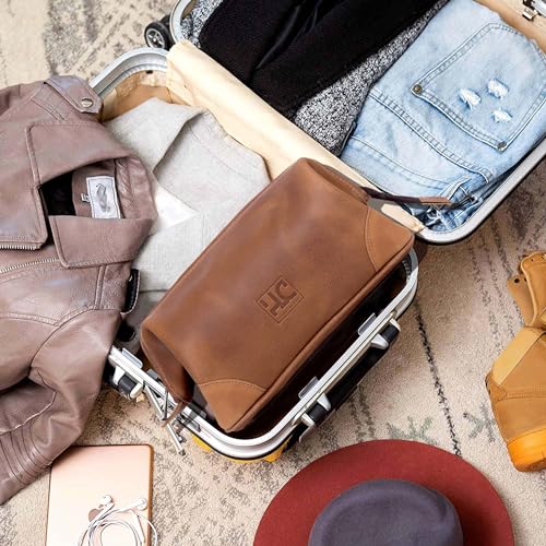 Leather Toiletry Bag for Men Best Gift Premium Genuine Leather Dopp Kit Shaving Kit Organizer Travel Kit Pouch Bag for Men Large Size (Tan)
