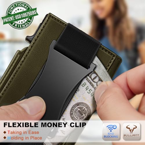 Men Slim Leather Wallet Metal Case Money Clip (Olive3853)