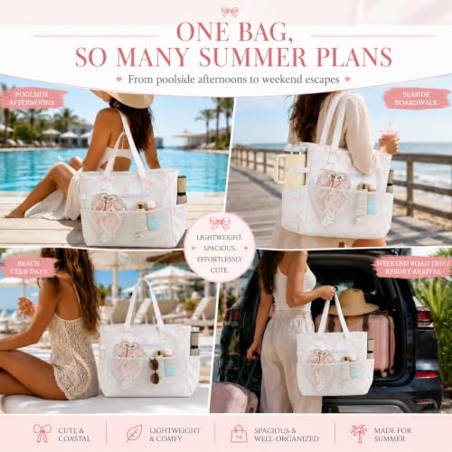 Waterproof Beach Tote Pool Bags for Women Ladies Extra Large Carry On Bag With Wet Compartment for Weekender Travel (Coquette Pink)