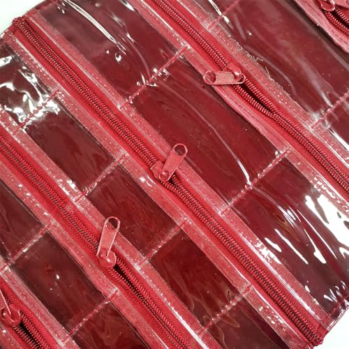 Travel Jewelry Roll Bag Portable Organizer Pouch With Grids&PVC Cover Storage Bags for Necklace (Burgundy Velvet 29 Grids)