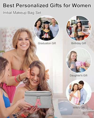 Personalized Initial Makeup Bag for Women Teen Girls (Black)