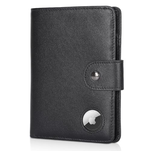 Polare Luxury RFID Blocking Leather Passport Holder Travel Wallet For Men and Women (Black with AirTag Slot(Snap Version))