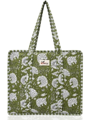 100% Cotton Quilted Tote Bag For Women (Olive Garden)