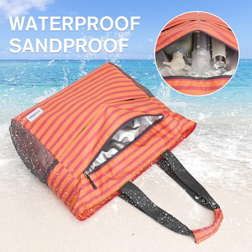 Beach Bag Waterproof Sandproof Large Capacity Foldable for Women (Orange Stripe / 35L)