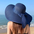Women Wide Brim Bow Straw Hat Floppy Foldable Beach Sun Hat Roll up Cap UPF 50+ (Big Bow / Navy 5.9" Brim, 1 Pack)