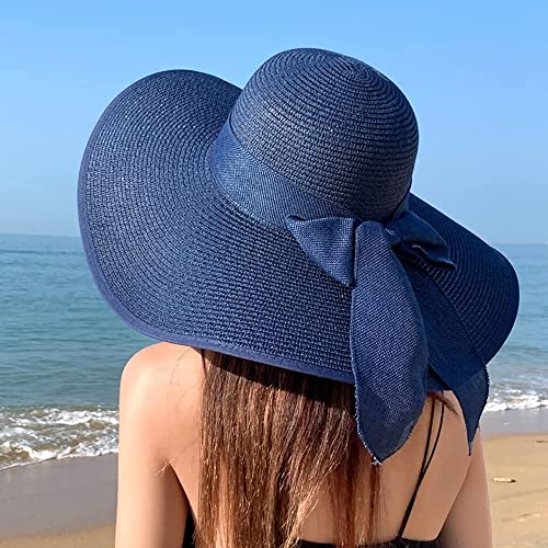 Women Wide Brim Bow Straw Hat Floppy Foldable Beach Sun Hat Roll up Cap UPF 50+ (Big Bow / Navy 5.9" Brim, 1 Pack)