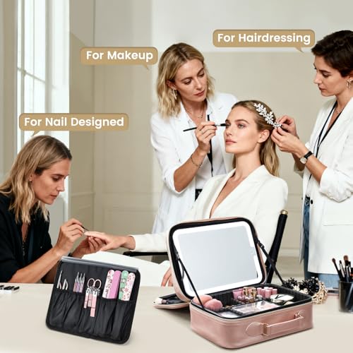 Makeup Bag with LED Lighted Mirror 12.2 IN Cosmetic Train Case Double Layer Makeup Case Adjustable Brightness in 3 Colors Cosmetic Organizer Artist Storage with Brush Holder Vanity Smoky Pink (12.2 Inch Smoky Pink / 0-Double Layer)