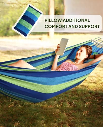 Cotton Blended Hammock for Stand 9.8ft x 4.9ft Holds Up to 660lbs (Blue/Green Stripes / 300x150cm)