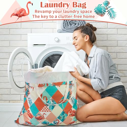 Canvas Laundry Bag with Handles & Drawstring (Pink Flamingo,1pc XL / XL 33"W x 35"H┃1 Pack)