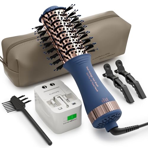 Dual Voltage Travel Hair Dryer Brush (50mm Oval / Prussian Blue&rose Gold)