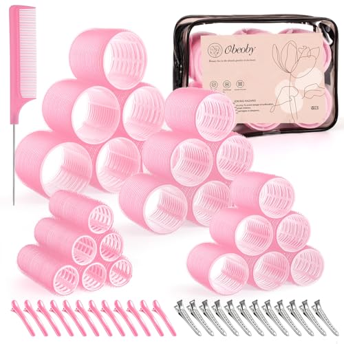 4 Sizes Self Grip Hair Rollers Set for Long (Pink)