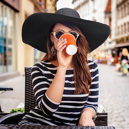 Beach Hats for Women Big Straw Wide Brim Summer Hat Floppy Foldable Roll up Cap Sun Hat UPF 50+ (Straw Fedora: Black, 4.7" Brim, 1 Pack)