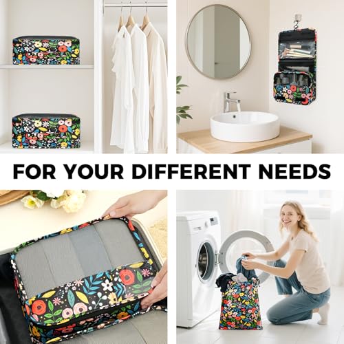 9 Set Packing Cubes with Packing List Luggage Packing Organizers for Travel Accessories (Black floral)