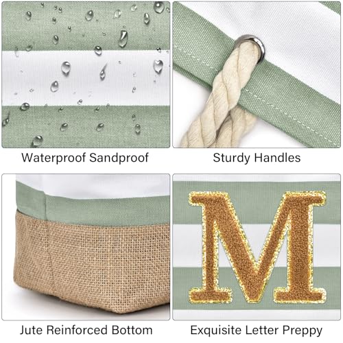 Beach Bag Initial Beach Tote with Makeup Bag for Travel (Light Green)