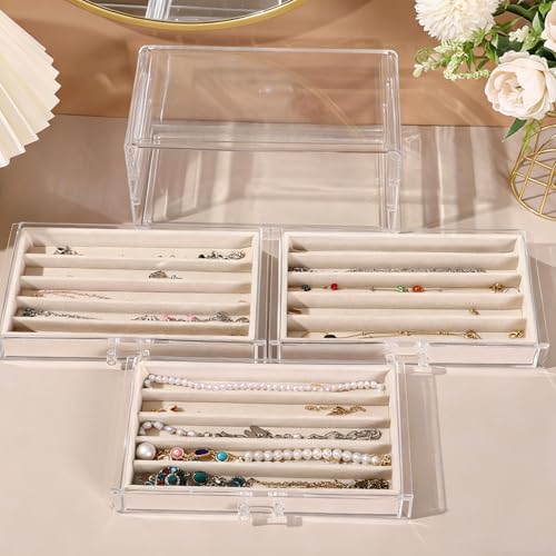 Necklace Organizer Box with Clear Lid (Beige-3 layer necklace)