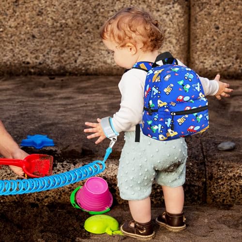 Toddler Backpack with Leash (Dark Blue/Truck, Blue Link)