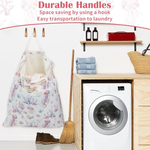 Canvas Laundry Bag with Handles & Drawstring 30"Wx35"H (Dreamy Jellyfish L+ / L+ 30"Wx 35"H┃1 Pack)