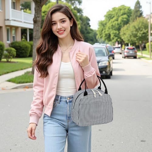 Lunch Bag for Women Men Cute Corduroy Lunch Tote Bags Reusable Insulated Lunch Box Large Capacity Reusable Insulated Cooler for Work Picnic or Travel (Corduroy Black-white stripes / 10L)
