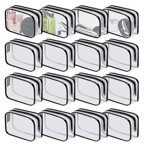 16 Pieces Clear Cosmetic Bags PVC Clear Makeup Bags TSA Approved Toiletry Bag with Zipper Waterproof Vinyl Plastic Organizer Storage Transparent Pouch for Women and Men (16pcs Black S)