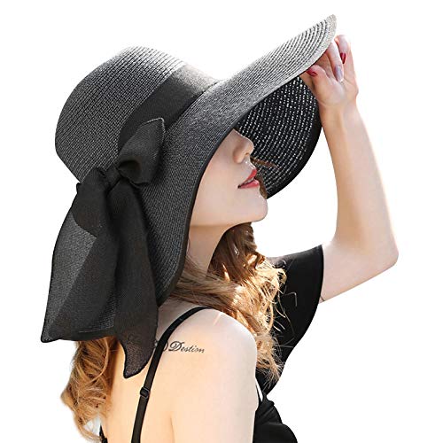 Women Wide Brim Bow Straw Hat Floppy Foldable Beach Sun Hat Roll up Cap UPF 50+ (Aca Black 5.9)