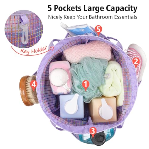 Mesh Shower Caddy Portable with Drawstring (Purple Grid)