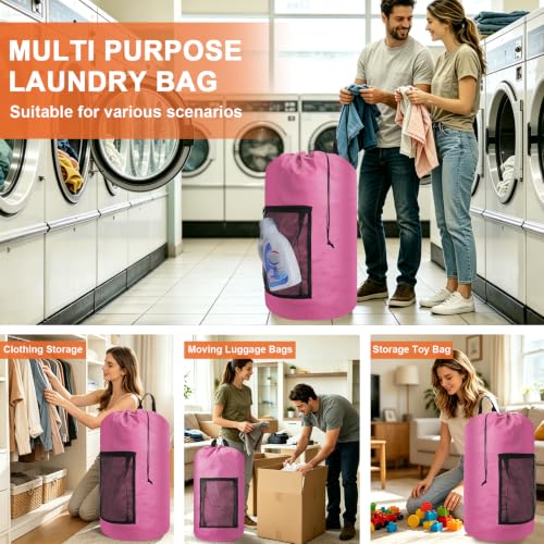 Laundry Backpack Portable Travel Laundry Bags with Straps and Mesh Pocket (Pink / 2 Pack)