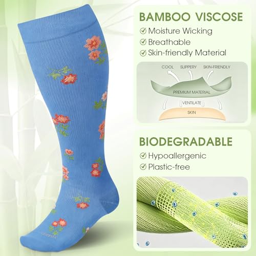 Plus Size Compression Socks for Women 3 Pairs Viscose for Bamboo Wide Calf 15 (3X-Large / 3 Pair-flower)