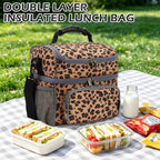 Double Layer Cooler Insulated Lunch Bag Adult Lunch Box Large Tote Bag for Men (Leopard)