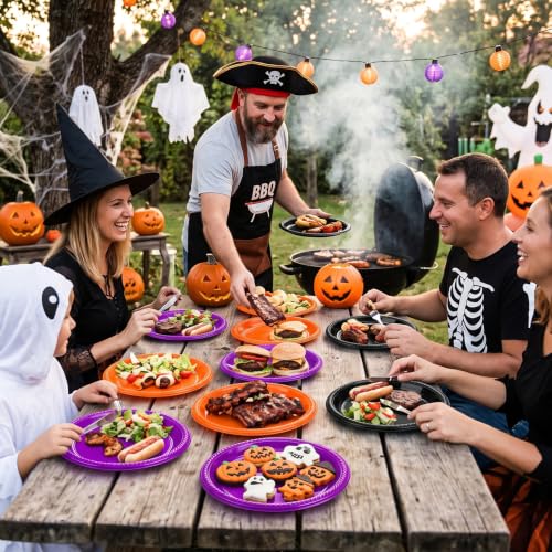 100 Count 10 Inch Halloween Plastic Plates Colored Party Disposable Plates (Black/Orange/Purple / 100 Pcs)