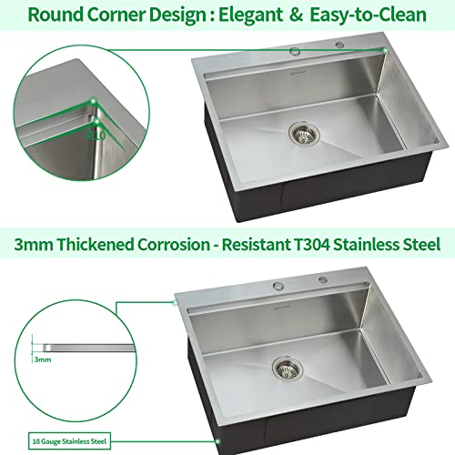 25 x 22 Inch Kitchen Sink (25" x 22" x 9" / Stainless Steel)