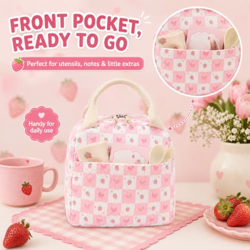 Lunch Bag for Women Cute Corduroy Lunch Tote Bags with Shoulder Strap Reusable Insulated Lunch Box Large Capacity Reusable Insulated Cooler for Work Picnic or Travel (Strawberry Bow 246 / 10L)