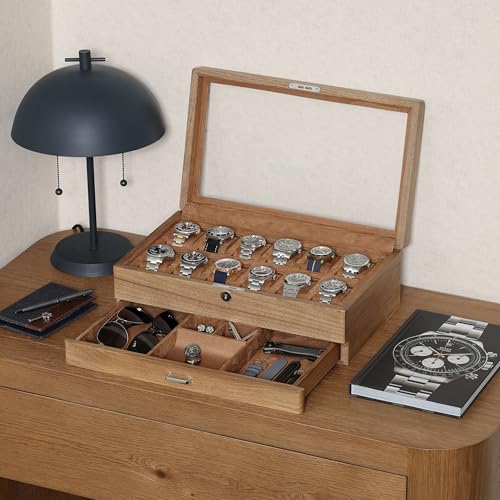 12 Slot Solid Walnut Watch Box with Valet Drawer (Walnut / Tan)