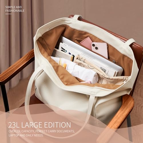 Large Tote Bag Vegan Leather Casual Zipper Work Bag Weekender Hobo for Women 23L Oversize Shoulder Travel Purse (Beige)