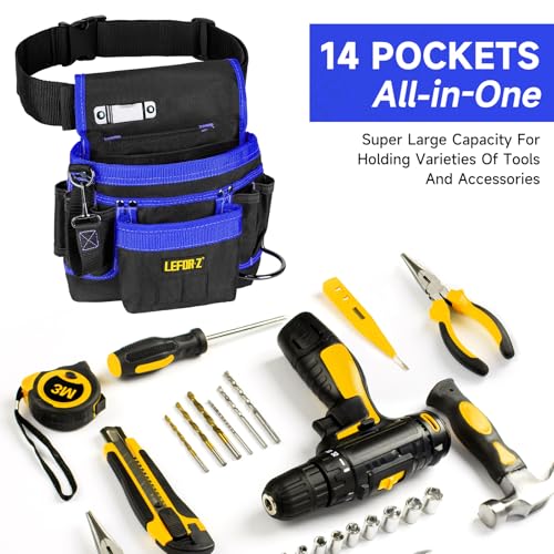 Tool Belt,14-Pockets Tool Belts for Men with Magnetic Tool Pouch (Black&blue)