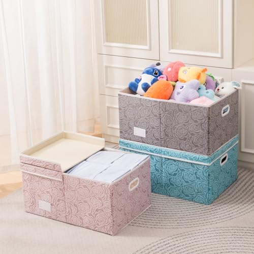 Jumbo Collapsible Storage Cubes with Lids Fabric Decorative Storage Bins Boxes Organizer Baskets with Cover Handles for Bedroom Closet Living Room 23.2x15.7x11.8 Inch 3 Pack (Assorted Color / XX Large(3-Pack))