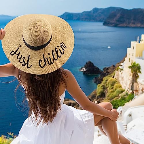 Big Straw Sun Hats for Women Floppy Foldable Roll up Beach Cap Sun Hat UPF 50+ Vacation Honeymoon Embroidered Hat (Ae Just Chillin: Khaki)