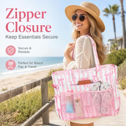 Large Beach Bag for Women (Pink White)