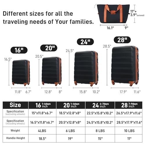 Luggage set 13 Piece 16 20 24 28 IN Hardside Suitcase with Bags (Luggage Set With Bags / Black and Brown-2(13 piece))