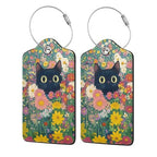 2 Pcs Luggage Tags for Suitcases Black Cat PU Leather Luggage Tag with Privacy Cover Label Address Card and Durable Metal Ring Suitable for Men Women Handbags Backpacks (Black Cat Flower 3)